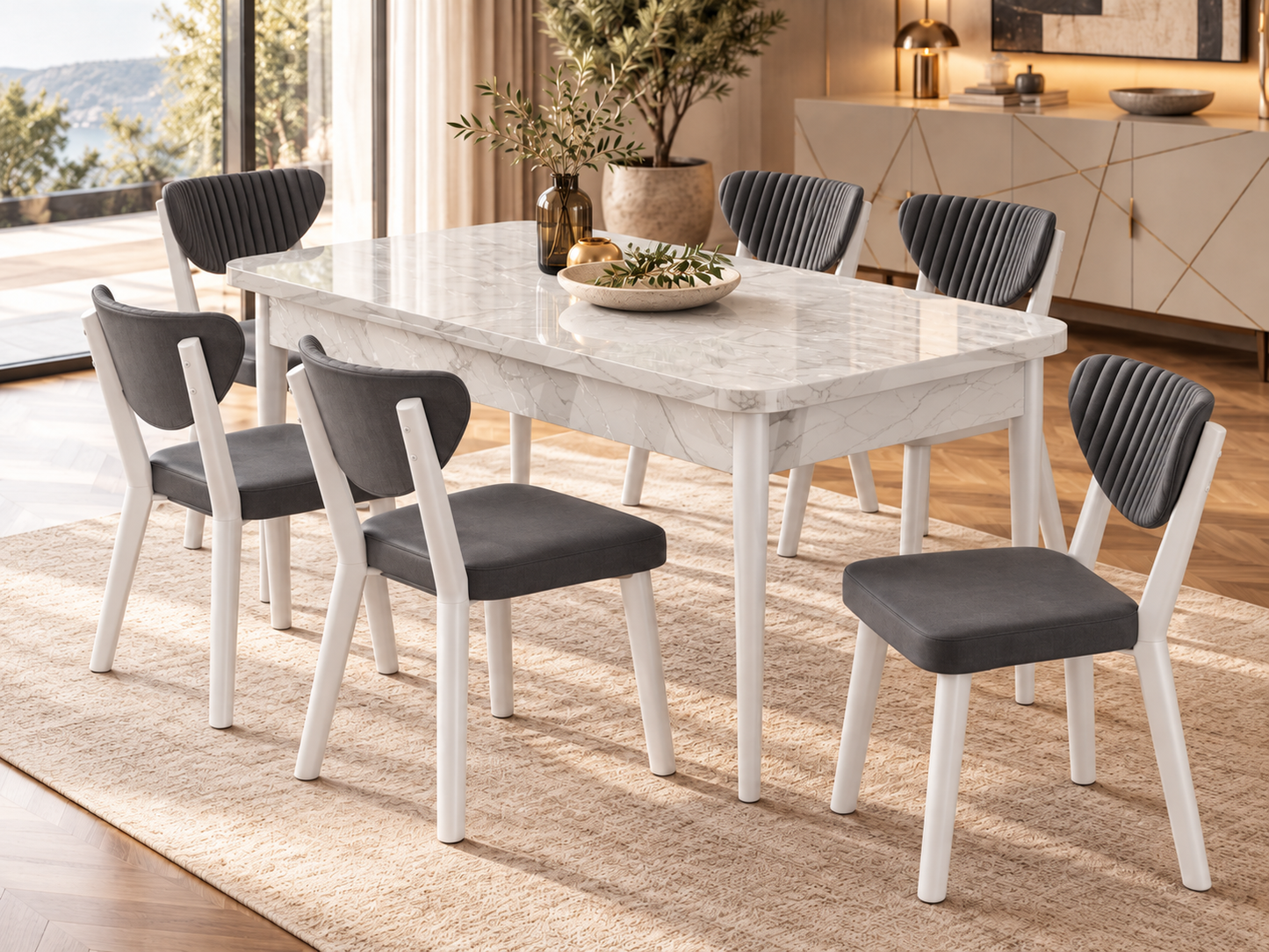 Exve Extendable Dining Table Set with 6 Arfe Chairs
