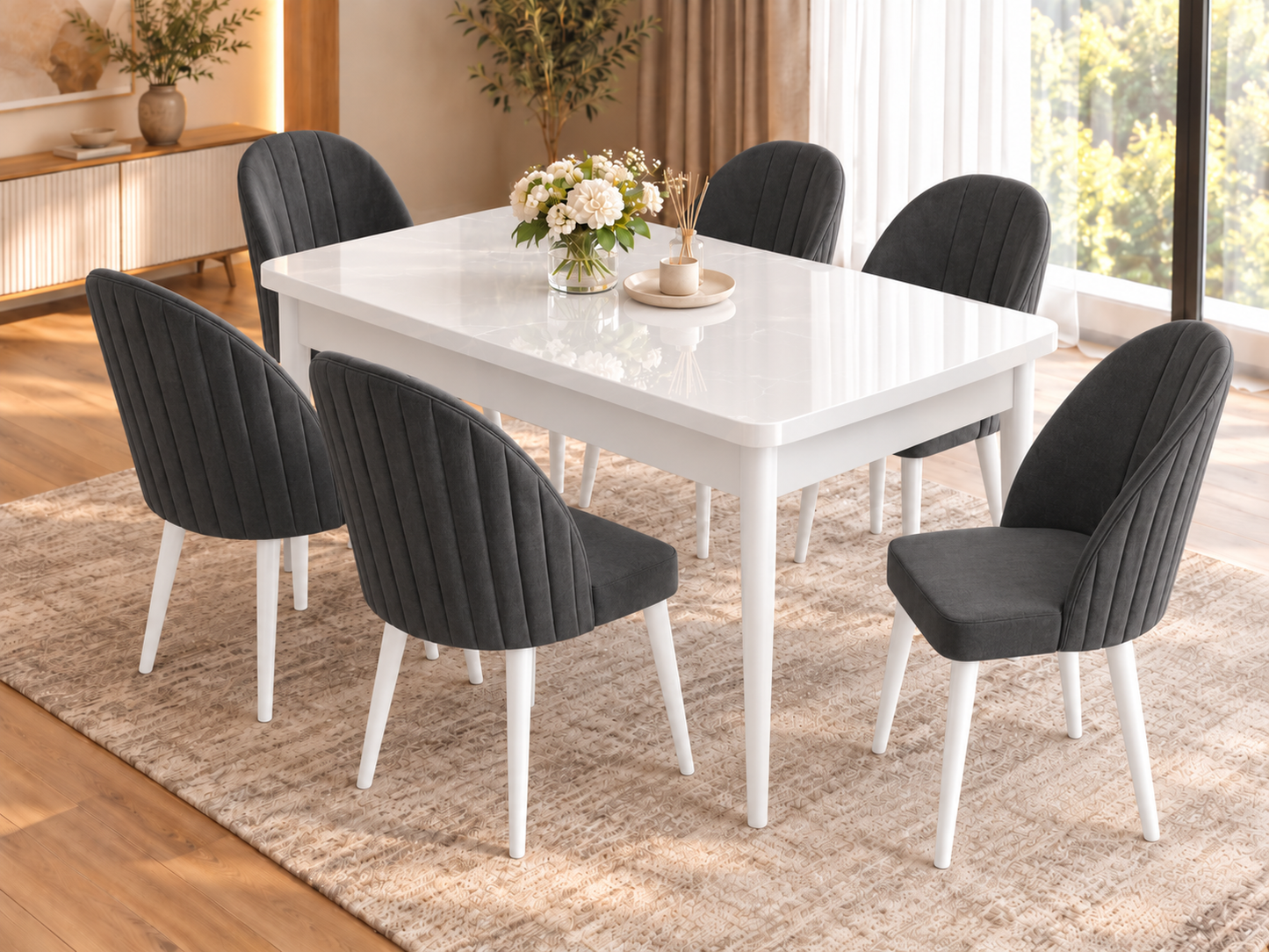 Roz Extendable Dining Table Set with 6 Ritim Chairs