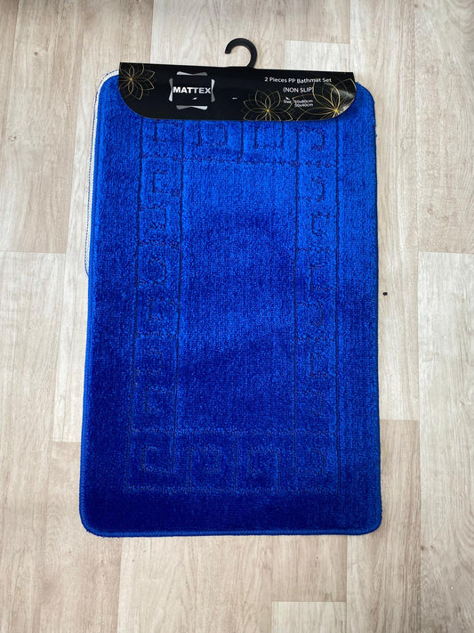 Bright Blue Bathroom Mats - Greek Key Bathmat & Pedestal 2pc Set