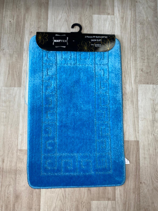 Blue Bathroom Mats - Greek Key Bathmat & Pedestal 2pc Set