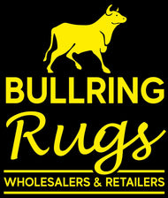 Yellow 'Bullring Rugs' logo with a bull silhouette on a black background