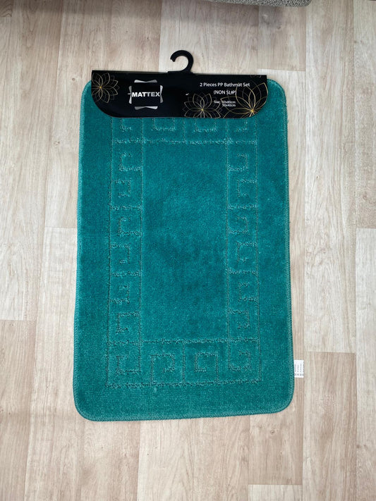 Turquoise Bathroom Mats - Greek Key Bathmat & Pedestal 2pc Set